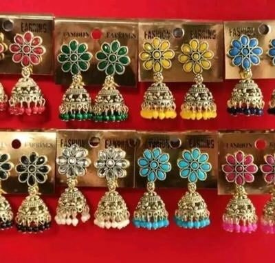 Premium Quality Fency Stones Studed And Goldan Jumkha Earrings (Combo Of 8)
